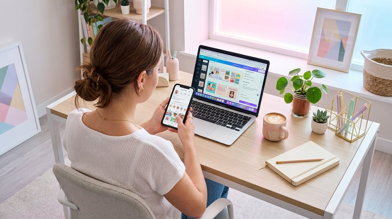 Creación de contenido para redes sociales en laptop y celular